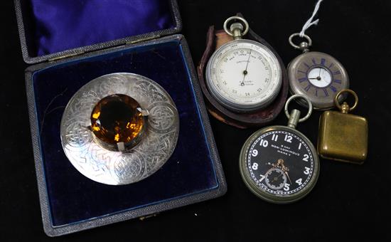 Silver half-hunter pocket watch, military open face watch (a.f), Saxby barometer, plated cairngorm brooch and gilt sovereign case